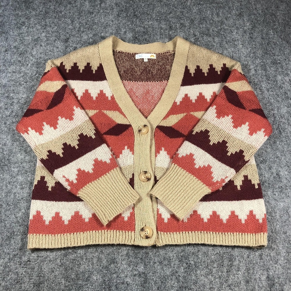 C&C California Cardigan Sweater‎ Womens Medium Beige Multi Aztec Button Front